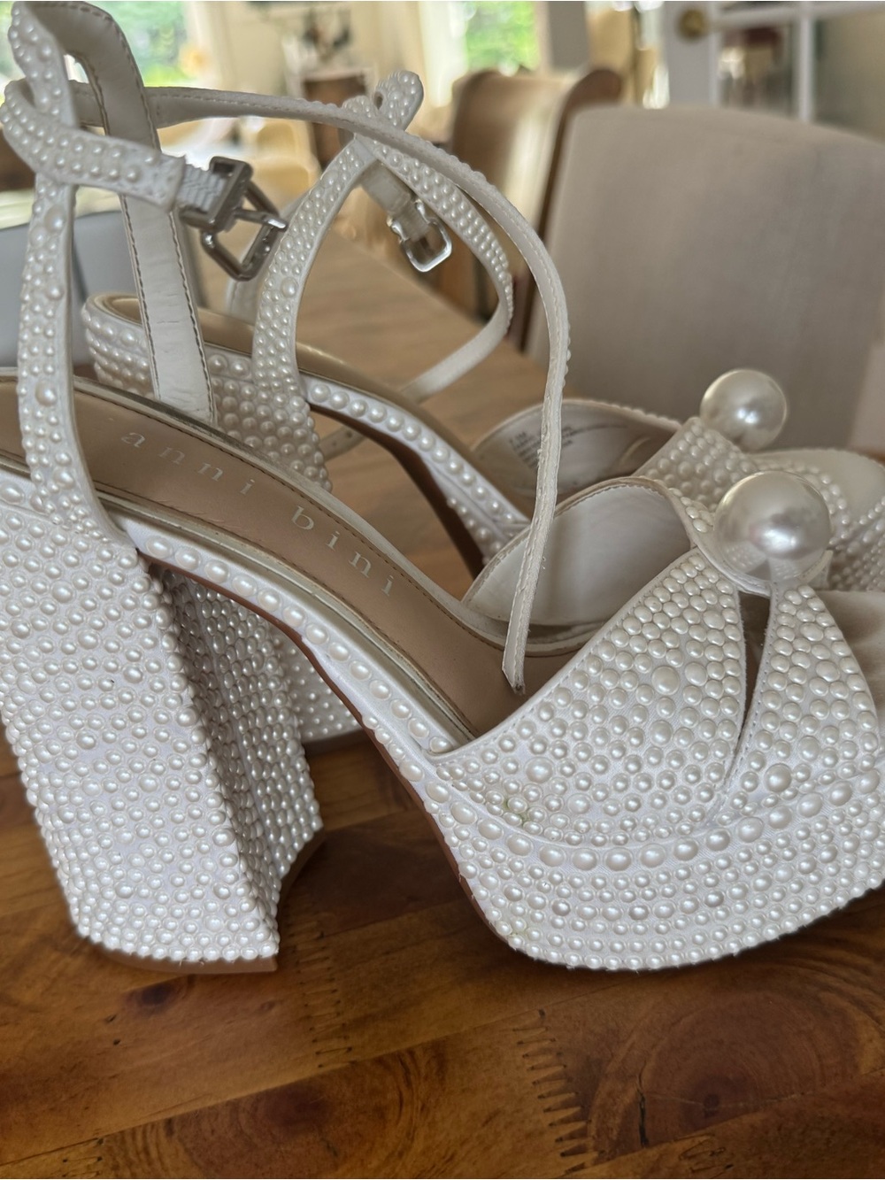 Gianni Bini Ivory Pearl-Embellished Platform Sandals